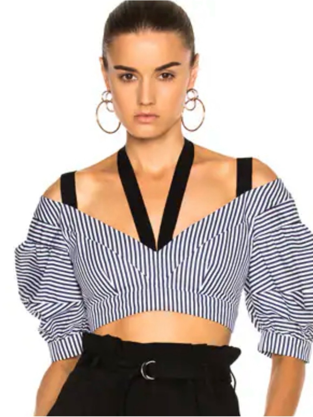 Navy Stripe Off-Shoulder Crop Top with Black Straps